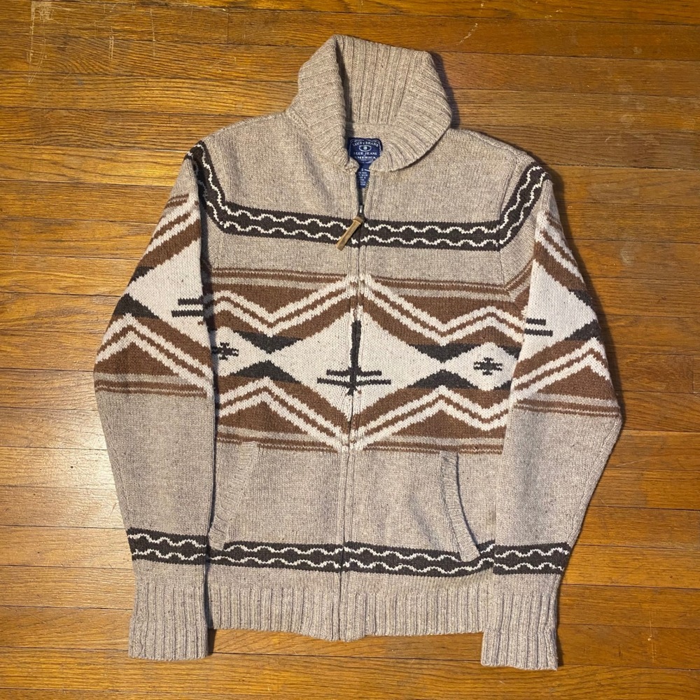 Lucky Brand Mens Wool‎ Blend Full Zip Southwestern Geometric Shawl Sweater Small